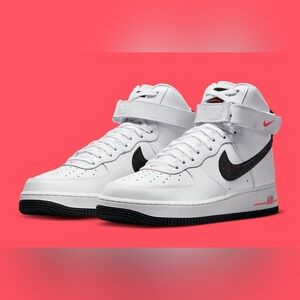Nike White High-Top Sneakers with Black Swoosh and Pink Details